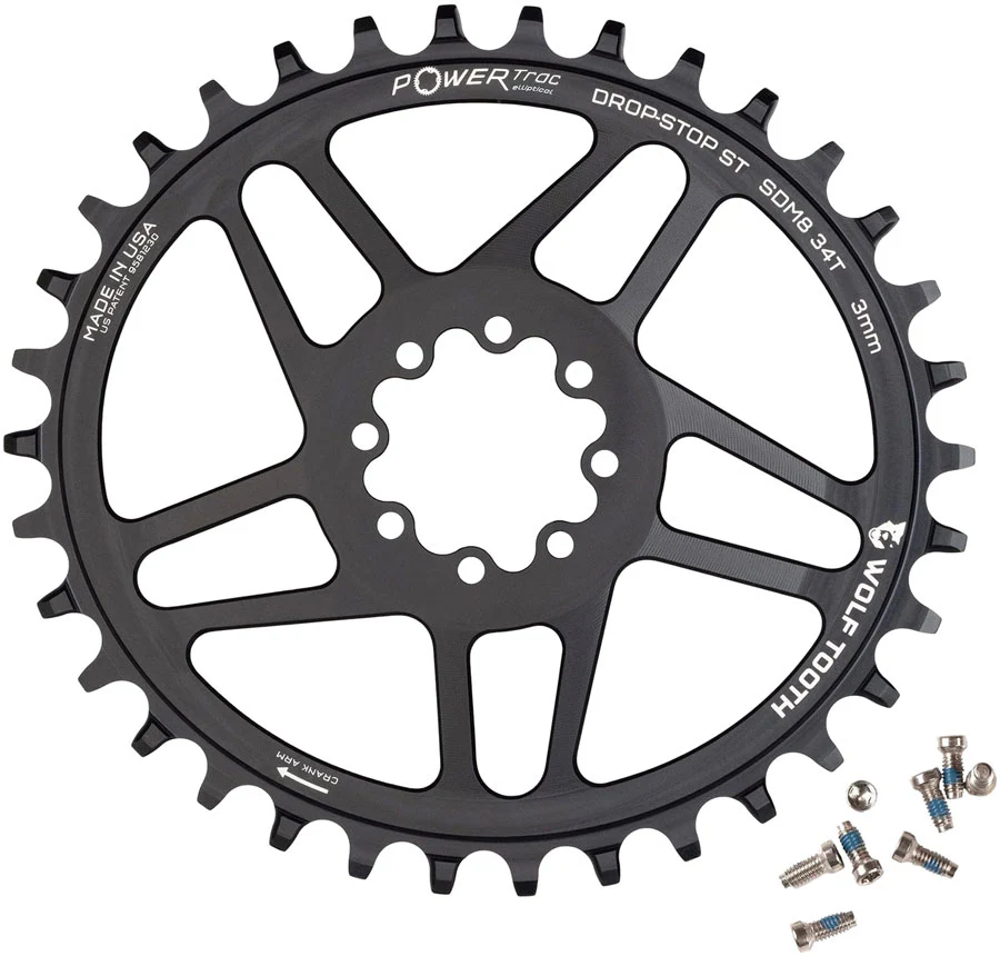 Wolf Tooth Elliptical Direct Mount Chainring - 34t SRAM 8-Bolt DM 3mm Offset Drop-Stop ST Requires HG+ Chain BLK